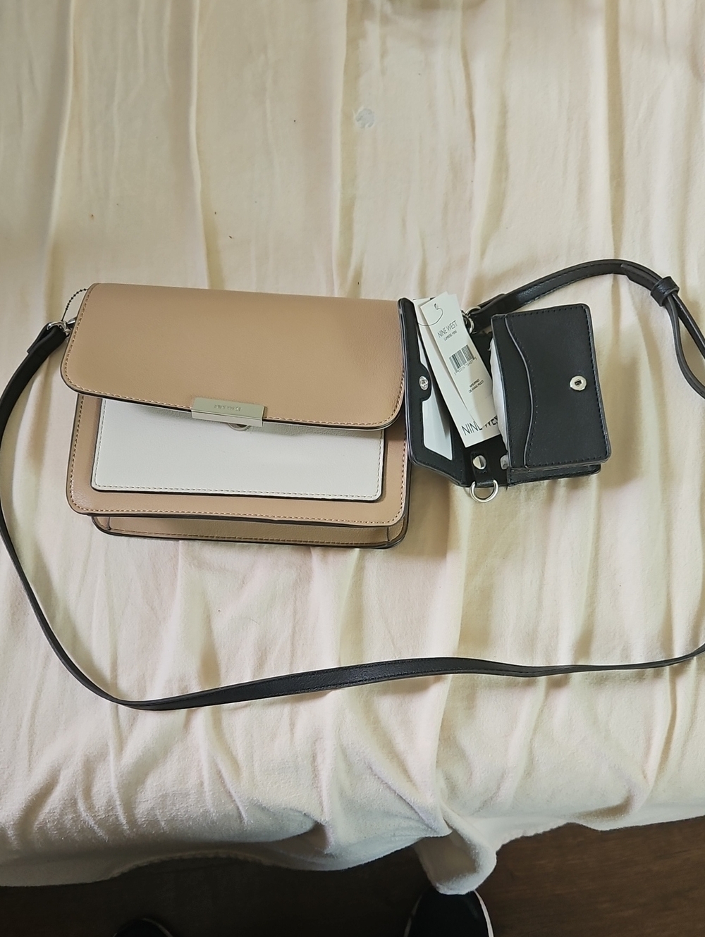 Nine West Beige and White Crossbody with Black Strap and Card Holder